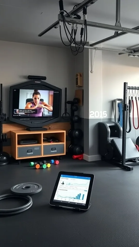 A garage gym setup featuring a large screen displaying a workout video, a tablet showing fitness analytics, weights, and resistance bands.