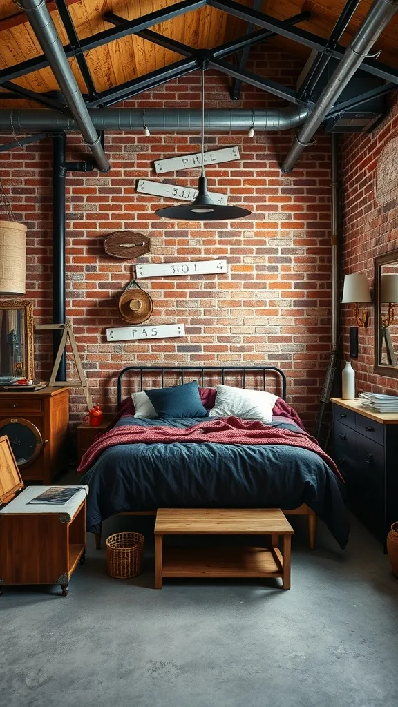 A cozy industrial chic bedroom with an exposed brick wall, a metal bed frame, and vintage decor.