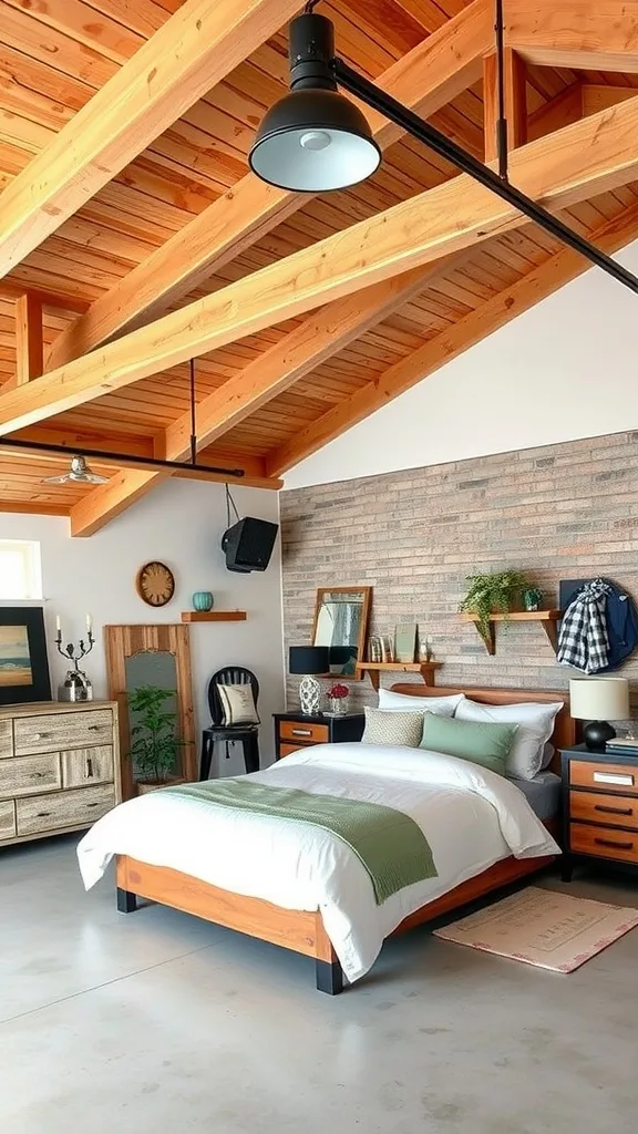 A beautifully designed bedroom featuring exposed wooden beams, a cozy bed with decorative pillows, and rustic furnishings.