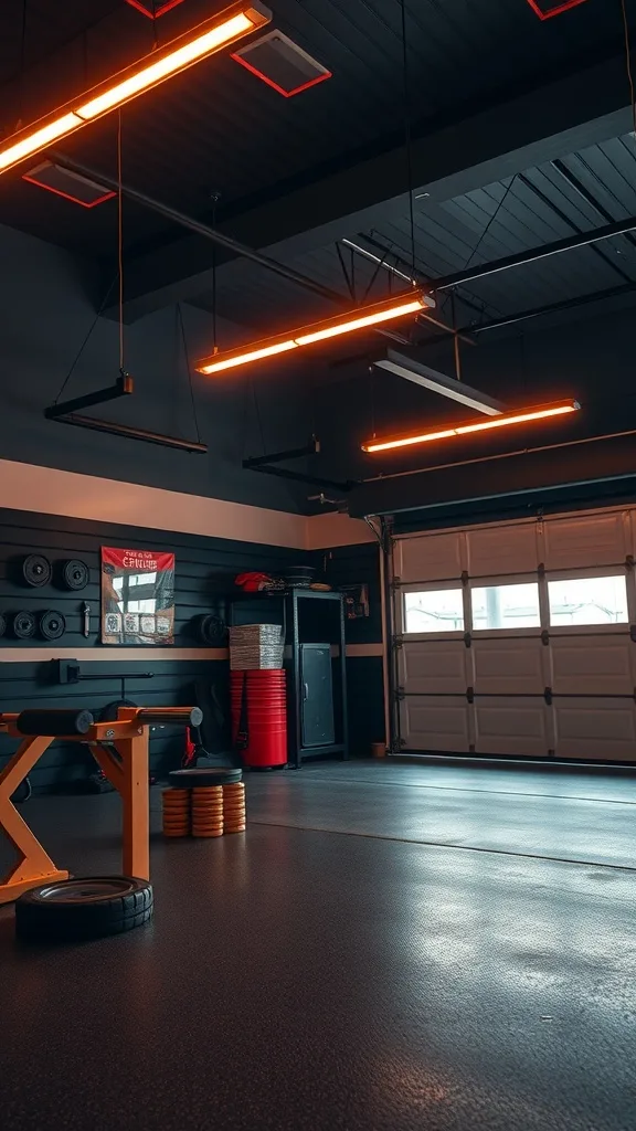 A well-lit garage gym with hanging lights and workout equipment