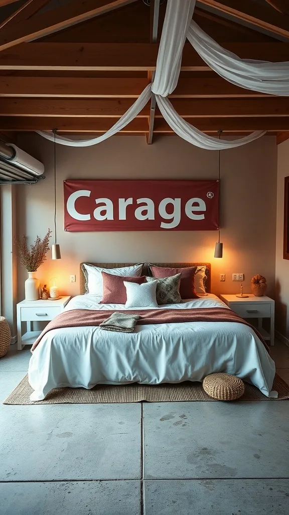 A beautifully converted garage bedroom with warm lighting and inviting decor.