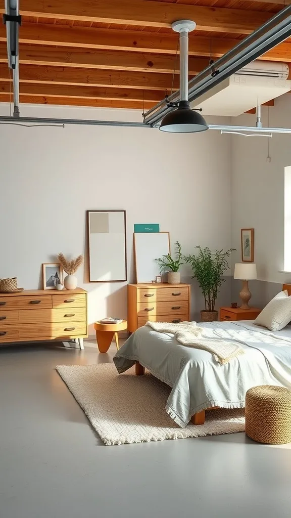 A minimalist Scandinavian bedroom design featuring wooden furniture, a soft bedspread, and decorative plants.