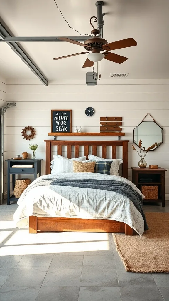 A modern farmhouse bedroom setup in a garage, featuring a wooden bed frame, light-colored bedding, wall art, and natural light.