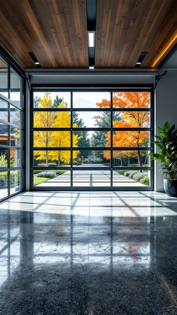 Modern garage interior with glass doors, wooden ceiling, and polished floor reflecting light.