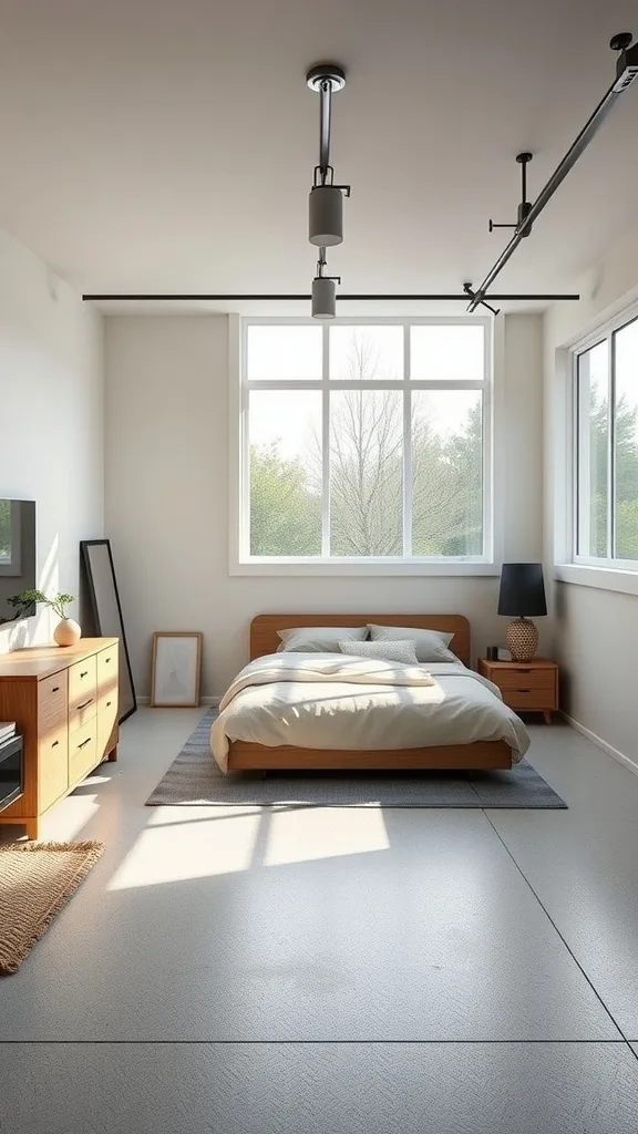 A modern minimalist bedroom with large windows, wooden furniture, and a cozy bedding setup.