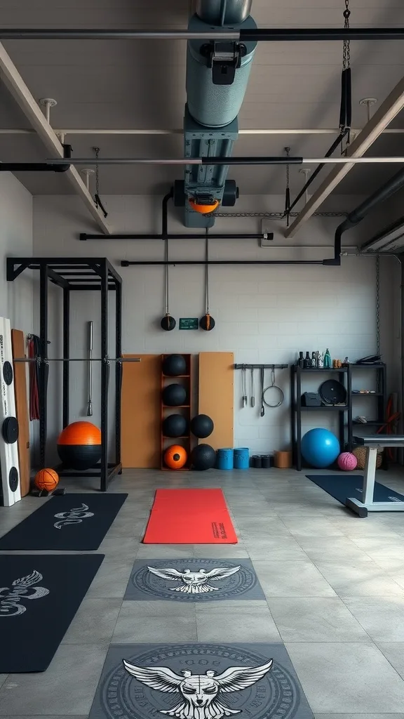 A spacious garage gym with various workout equipment including mats, weights, and stability balls.