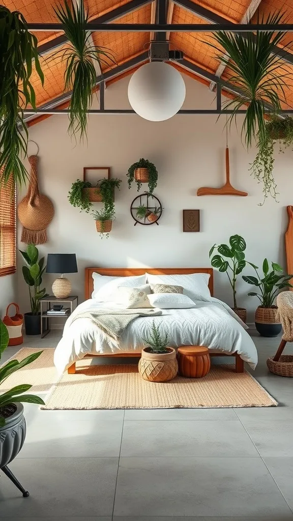 A nature-inspired bedroom conversion with plants, wooden furniture, and a cozy bed.