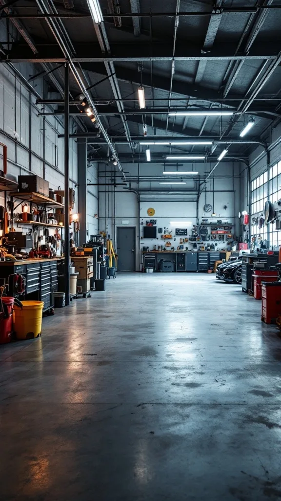 An open-concept garage with a workshop area, featuring organized tools and a spacious layout