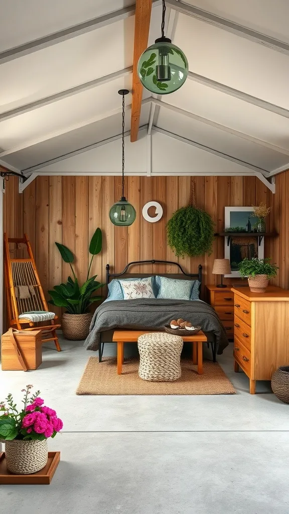 A cozy garage bedroom with wooden walls, a bed with blue and gray bedding, and various plants, creating a nature-inspired aesthetic.