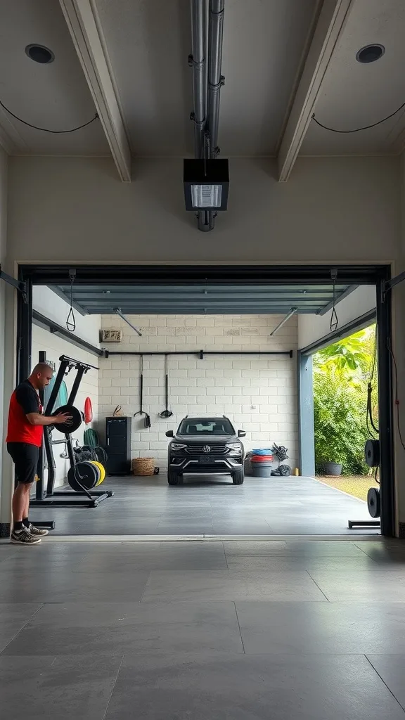 A garage gym setup with an open door, showcasing exercise equipment and a parked car, blending indoor and outdoor spaces.