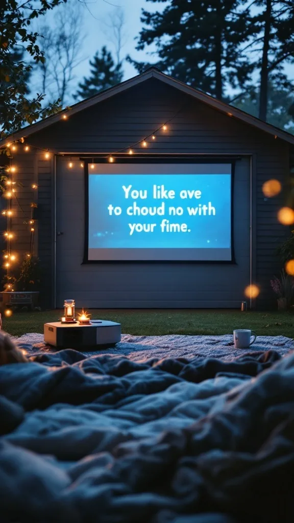 Cozy outdoor movie setup with a projector and blankets in a garage setting.