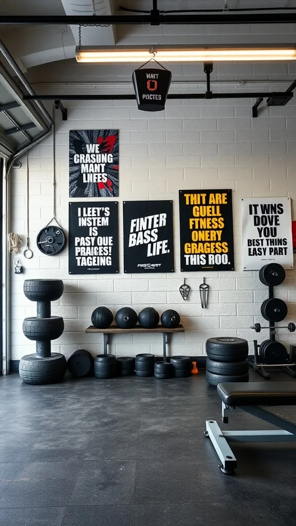 A garage gym with motivational wall decor featuring various fitness quotes and artwork.