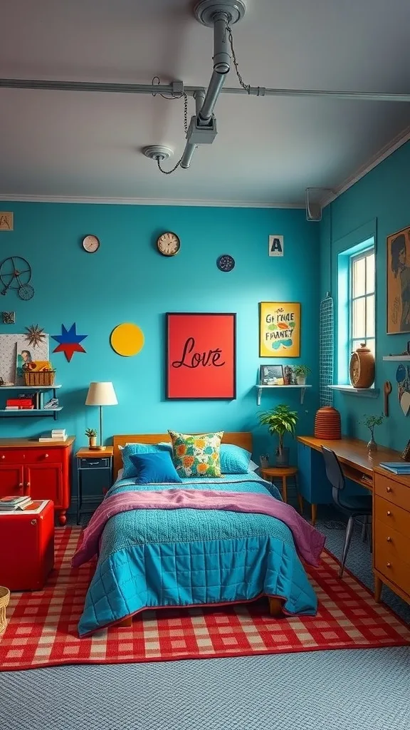 A retro-style garage bedroom featuring turquoise walls, colorful bedding, and vintage decor