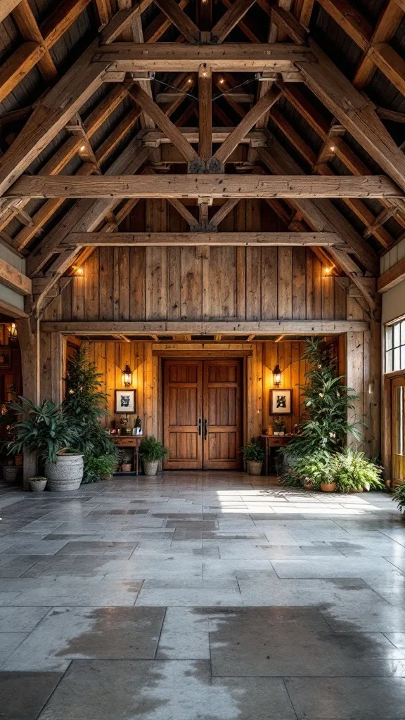 A rustic-style garage featuring wooden beams, stone flooring, and lush greenery.