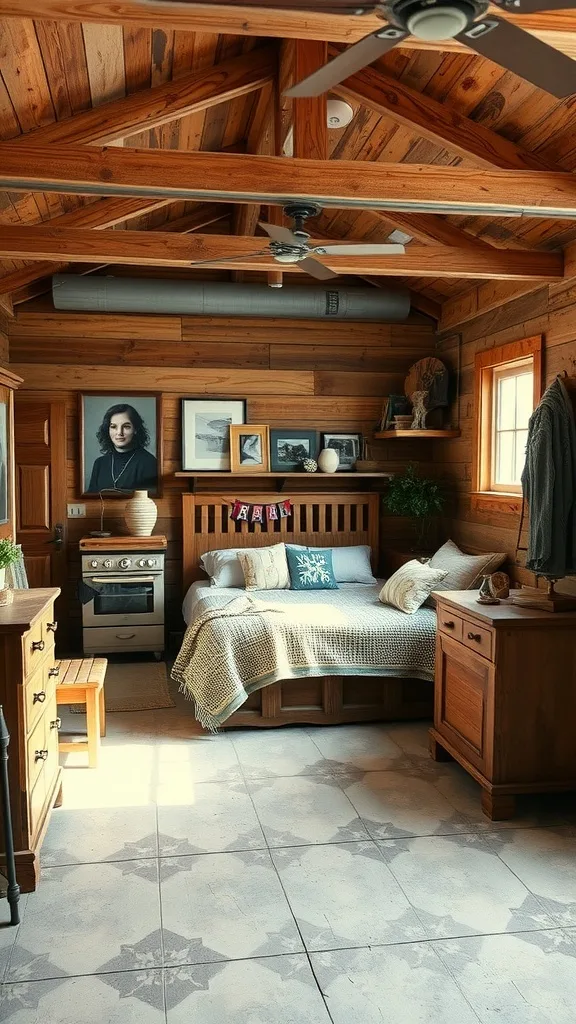 A rustic garage bedroom featuring reclaimed wood, a cozy bed, and warm decor.