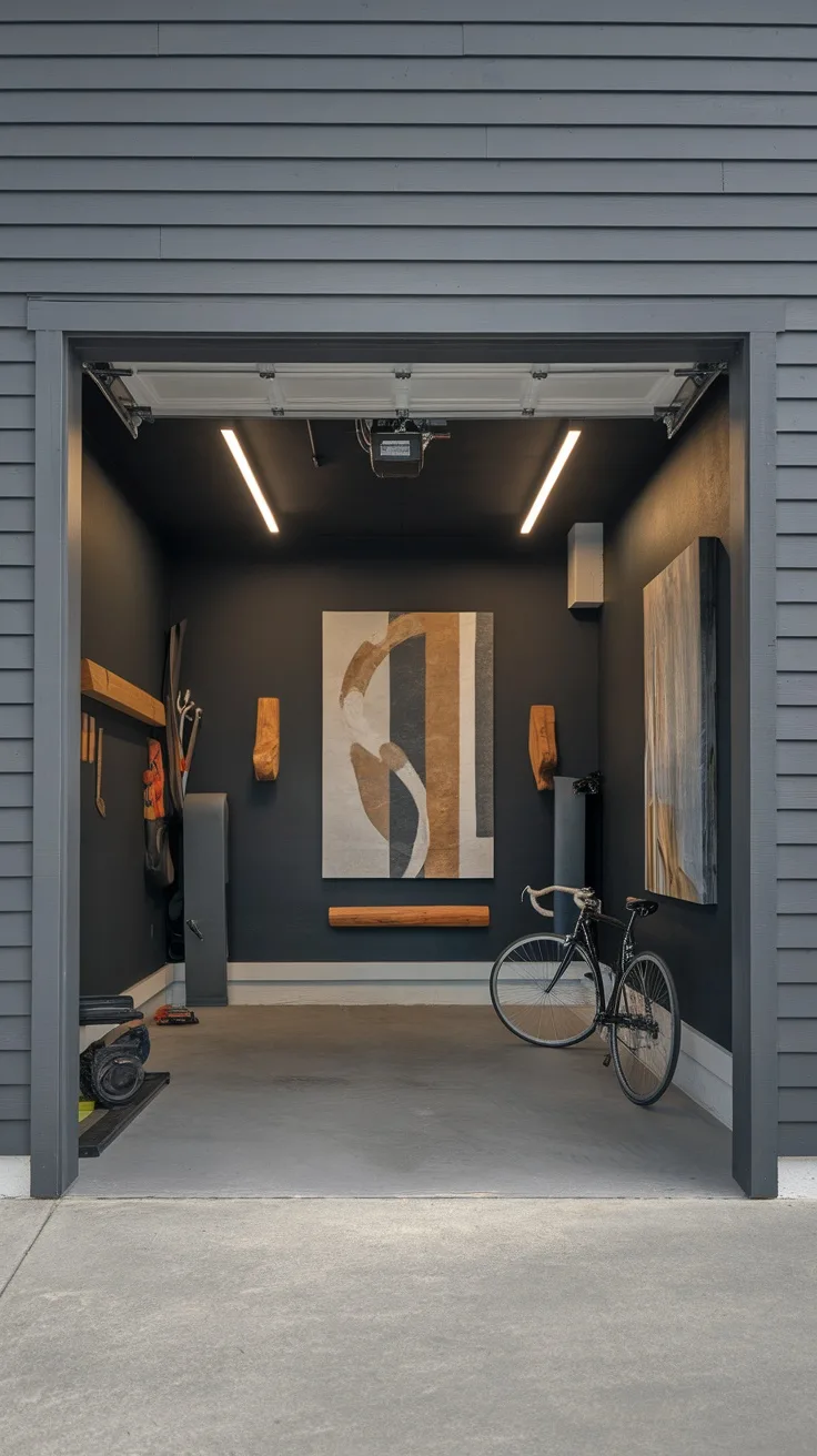 A modern garage painted in charcoal gray with organized storage and bright lighting