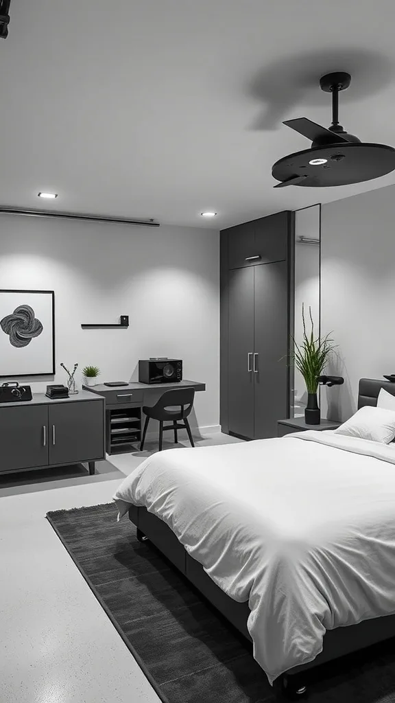 A sleek modern bedroom design with clean lines and minimalistic decor, featuring a bed, desk, and plants.