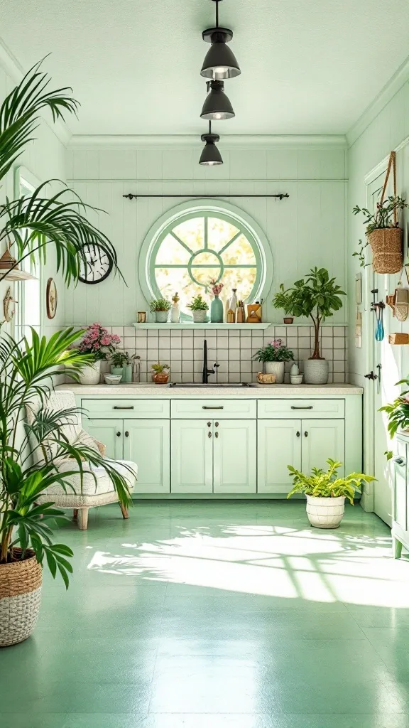 A soft pastel green garage with a hammock, a bicycle, and natural light.