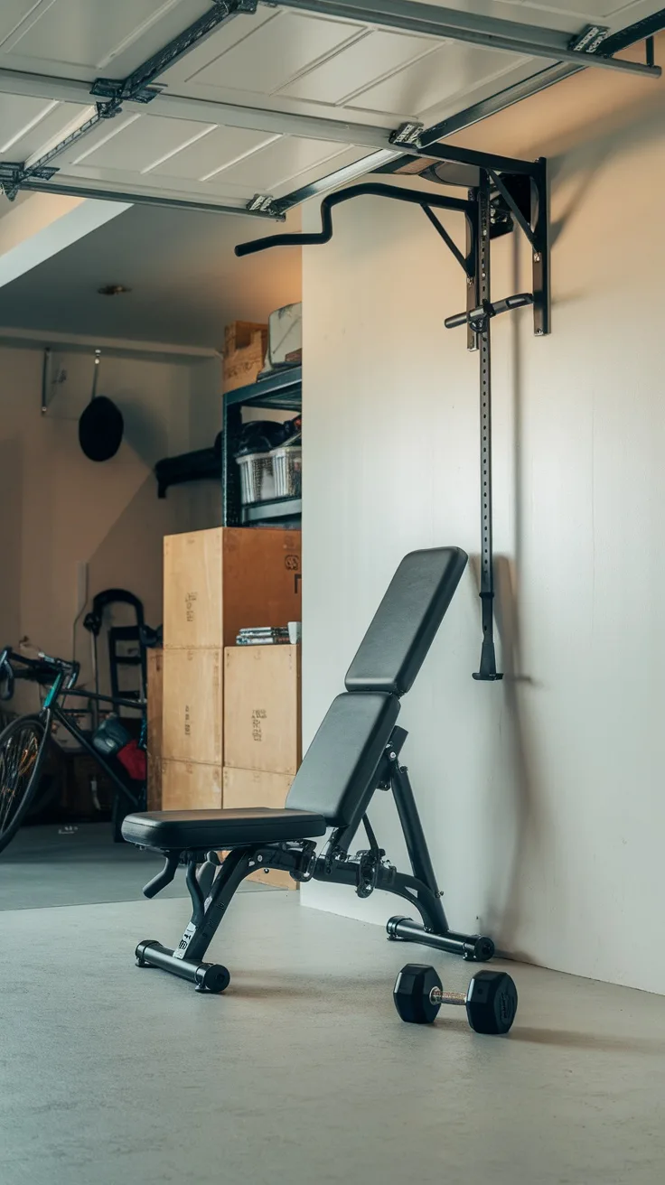 A garage gym featuring a pull-up bar, benches, and wall-mounted accessories.