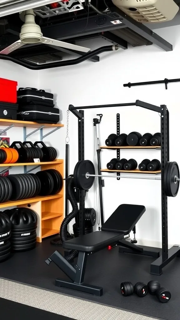 A garage gym setup featuring a squat rack, barbell, weights, and a bench, organized on shelves.