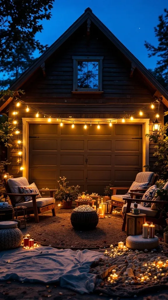 Cozy garage setup for movie nights with string lights, blankets, and seating.