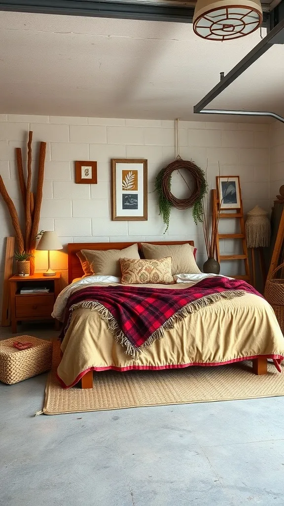 Cozy garage bedroom featuring warm earth tones and textured decor