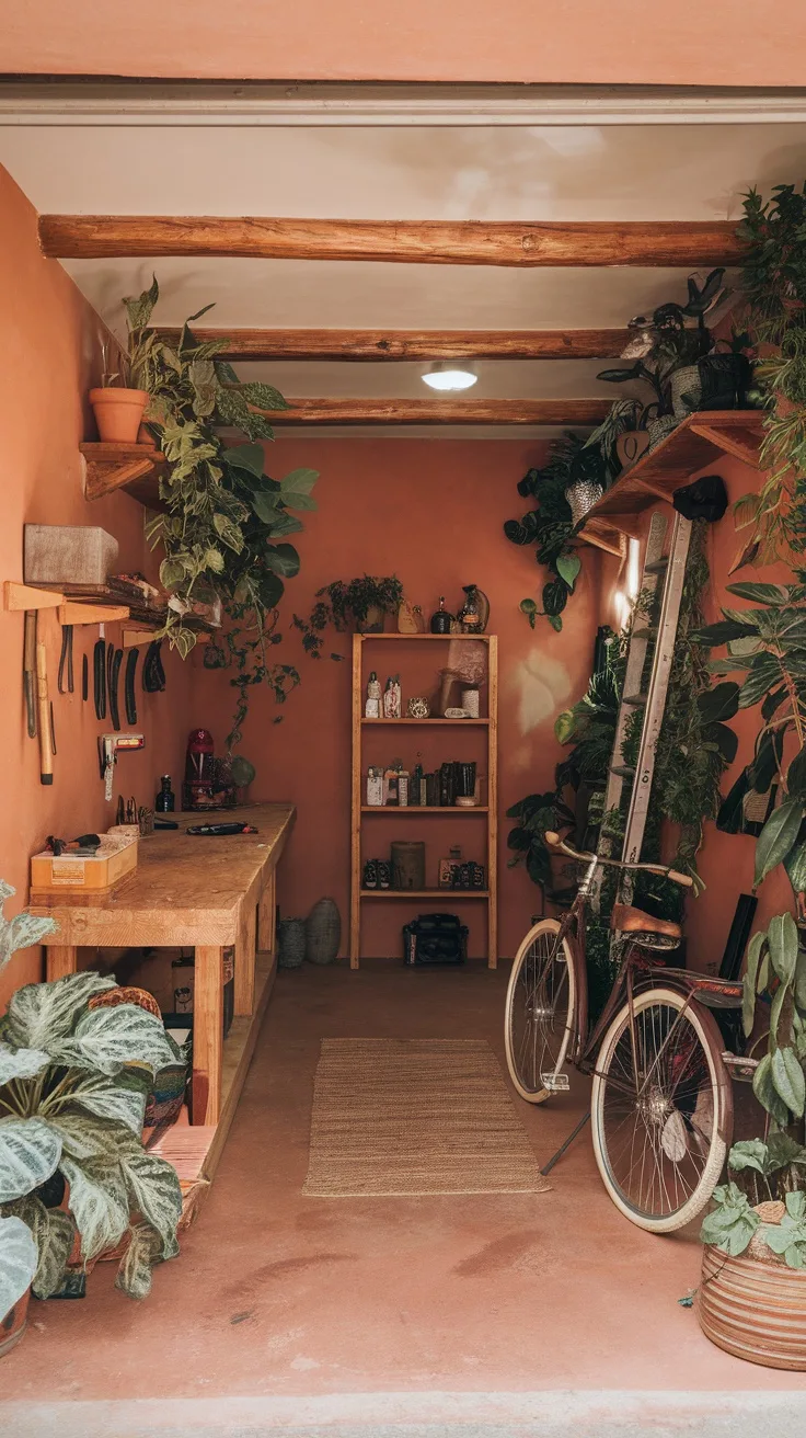 A garage with warm terracotta walls, wooden shelves, plants, and a bicycle.