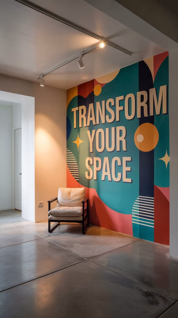 A photograph of a modern living room featuring stark white walls and polished concrete floors. A vibrant mural reading "Transform Your Space" stretches across one wall, incorporating shades of turquoise, coral, and gold in an abstract geometric pattern. A single, comfortable armchair sits in the center of the room, illuminated by a focused beam of warm light from a track fixture overhead, casting dynamic shadows that emphasize the room's minimalist design. The overall scene exudes a sense of calm and creative potential, showcasing the beauty of raw materials and artistic expression.