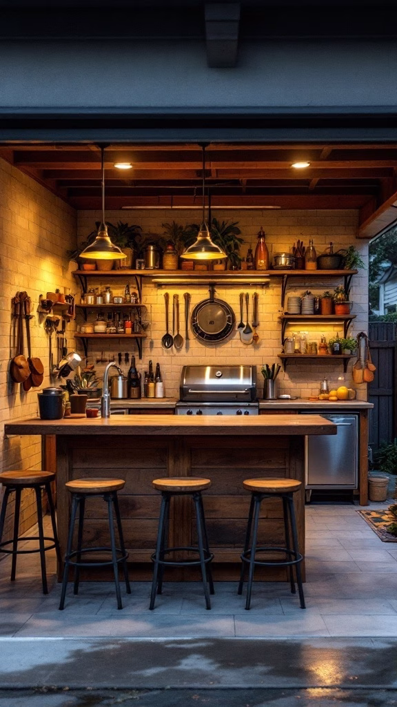 An outdoor bar and grilling station featuring a sleek grill, wooden countertops, and hanging lights.