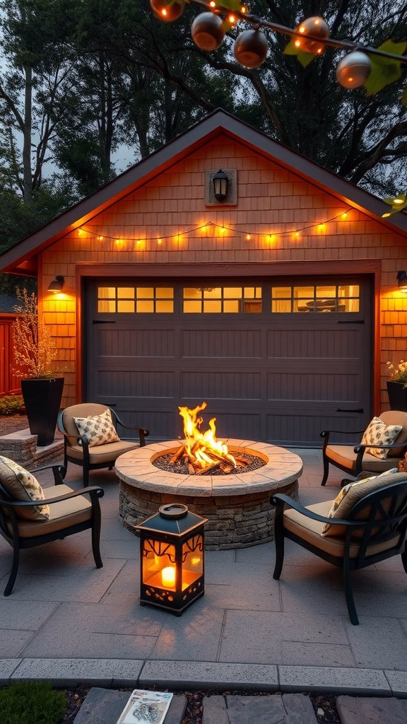 A cozy fire pit lounge area with seating, soft lighting, and a warm fire.