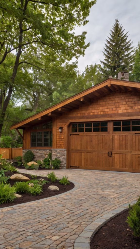 Rustic garage with natural wood siding and large wooden doors, set in a lush green landscape with a stone driveway and surrounding trees