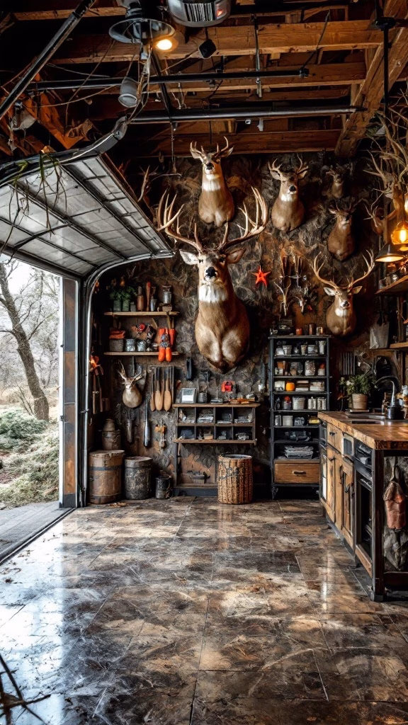 A rustic garage with mounted deer heads, wooden cabinetry, and a cozy atmosphere.