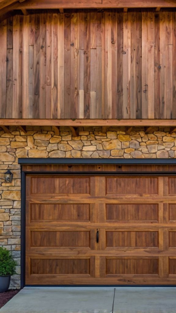 wood siding on garage and brown wood door.