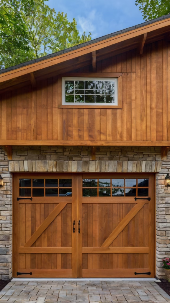 natuarl wood garage with garage door and window