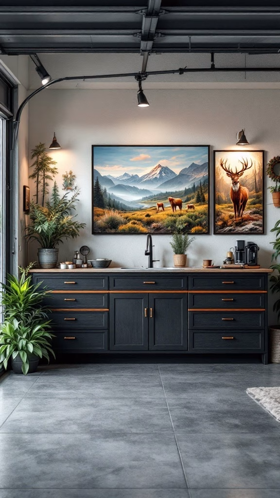 Nature-themed wall art in a garage man cave with paintings of mountains and deer.