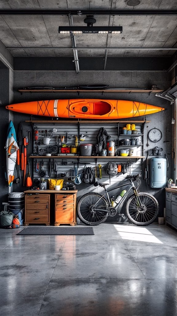 Organized garage showcasing outdoor gear including a kayak, tools, and a bicycle.