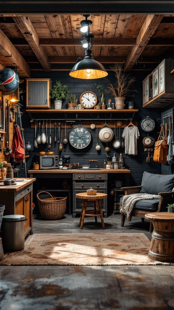 A rustic garage man cave designed for fishing enthusiasts, featuring wooden beams, shelves with fishing gear, vintage decor, and comfortable seating.