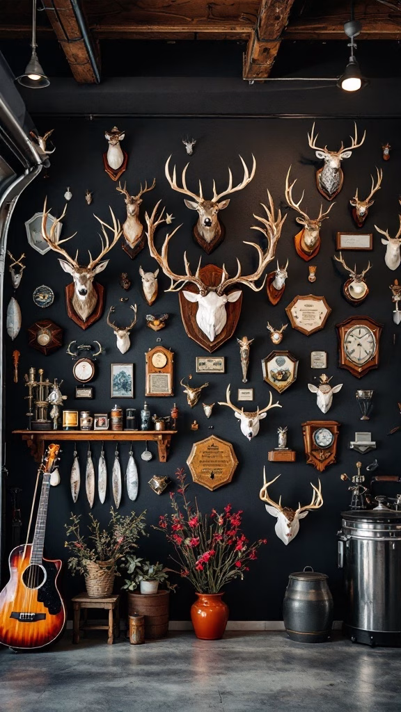 A wall filled with mounted deer heads and various trophies in a garage man cave.