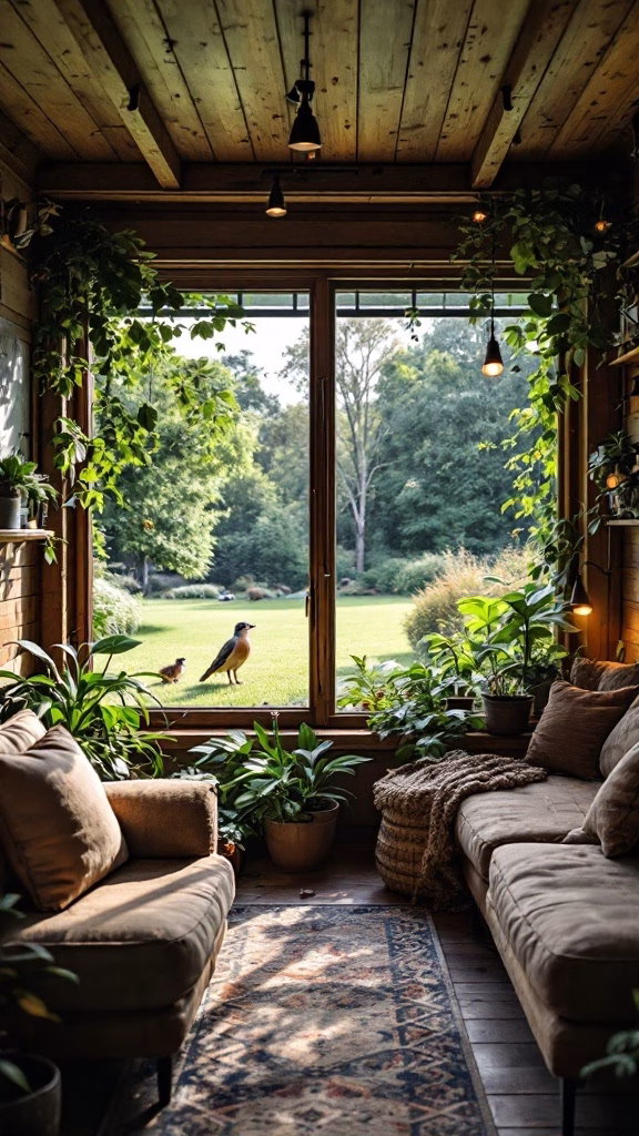 Cozy wildlife observation station with large windows overlooking a green landscape, featuring plants and comfortable seating.