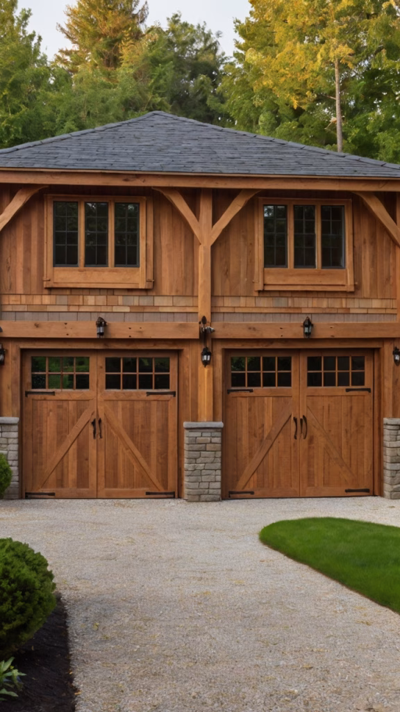 Two-story rustic garage with natural wood siding and upper-level windows, featuring large wooden doors, stone accents, and surrounded by greenery.
