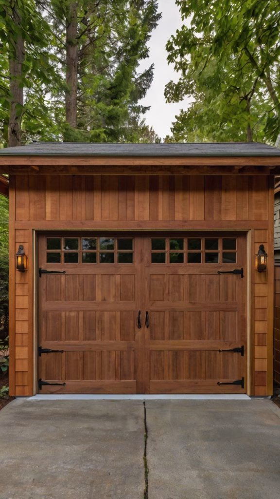 Wooden garage door with square windows, surrounded by trees, showcasing a rustic and natural design.