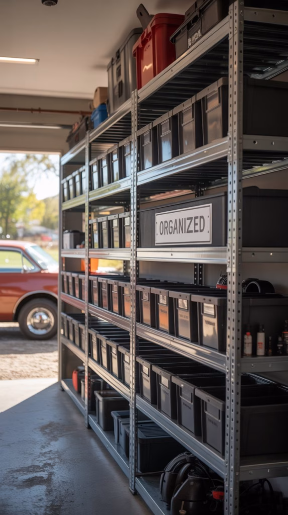A photograph showcasing a set of industrial-strength shelving systems neatly organized within a well-lit garage. The steel shelves are painted a dark gray, holding an assortment of neatly labeled plastic bins containing tools and hardware; a single “ORGANIZED” label is prominently displayed on one bin. Natural light streams in through an open garage door, highlighting the metallic sheen of the shelving and creating subtle shadows across the concrete floor. The background features a blurred view of a classic red toolbox and a partially visible vintage car, suggesting a dedicated workspace.