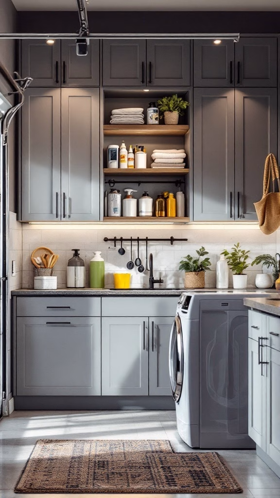 A stylish garage laundry room with gray cabinets, open shelves, and organized supplies