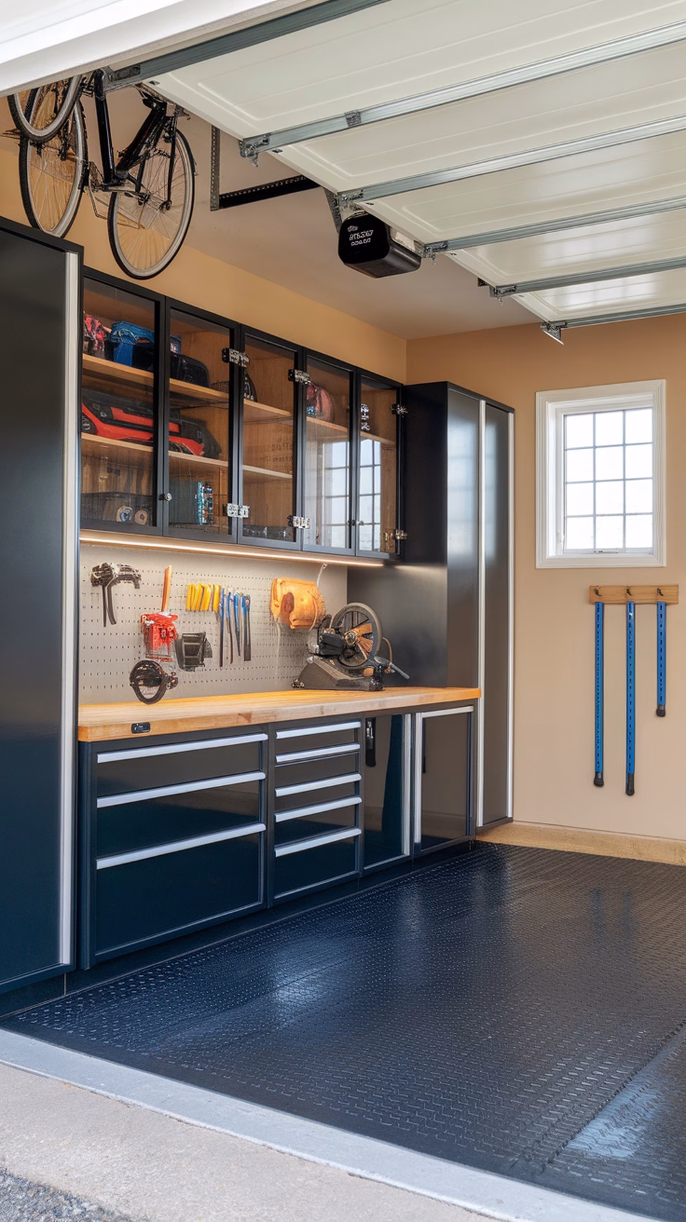A modern garage featuring custom cabinets with clear glass doors and a well-organized workbench.