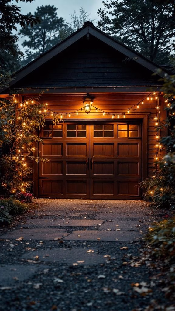 A garage with string lights and a lantern, surrounded by greenery.