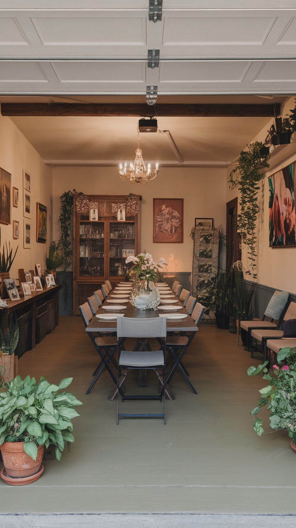 A converted garage dining room with a long wooden table, stylish chairs, a chandelier, and plants.