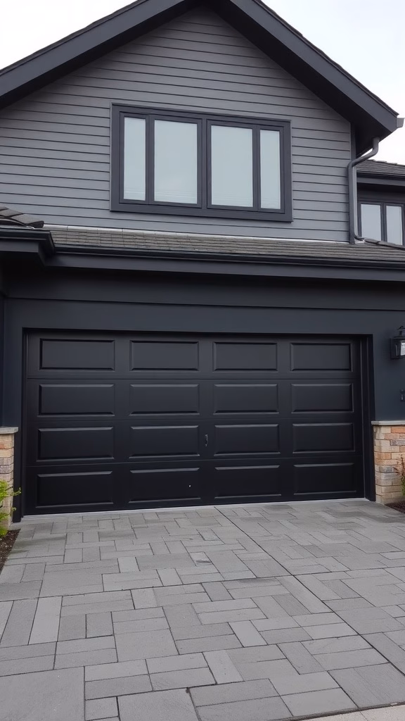 A modern house with a sleek black garage door