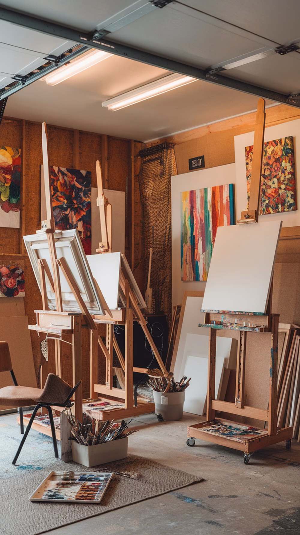 A one-car garage converted into an art studio, featuring easels, colorful artworks on the walls, and various art supplies.