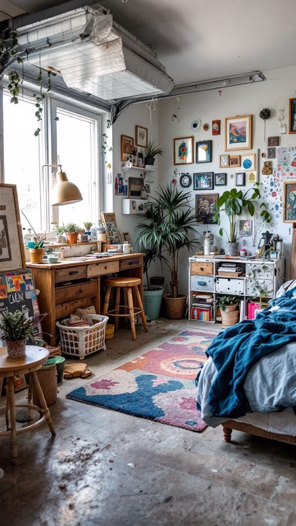 A creatively decorated garage turned into a cozy bedroom with art on the walls, plants, and colorful textiles.