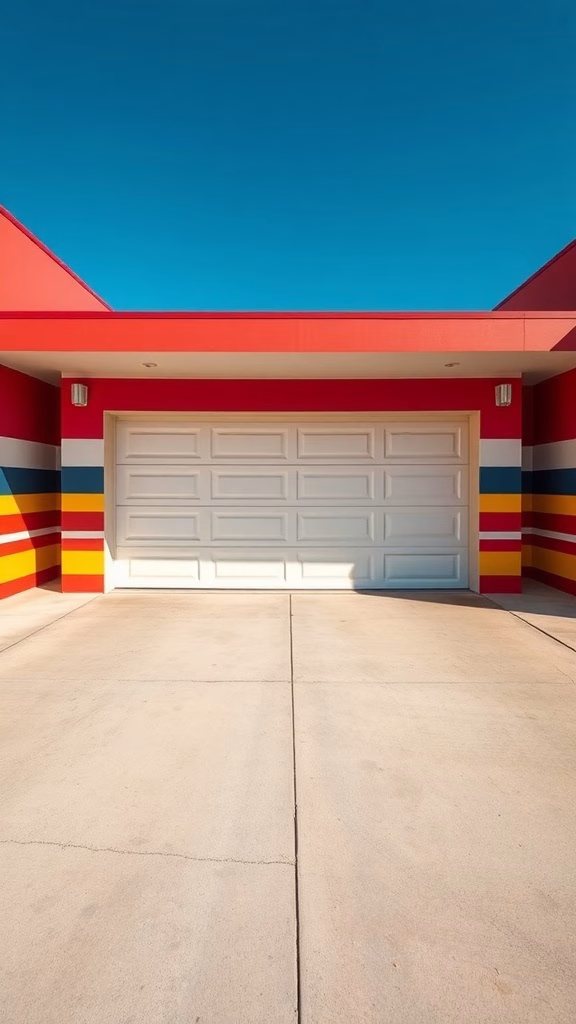 A garage with colorful athletic stripe patterns in red, blue, and yellow.
